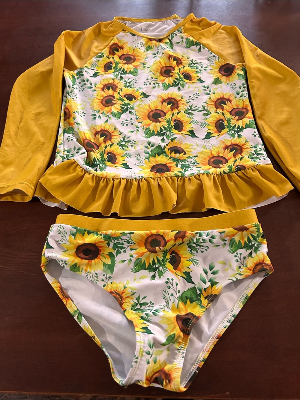 Girls Yellow Sunflower Ruffle Rashguard Swim Set